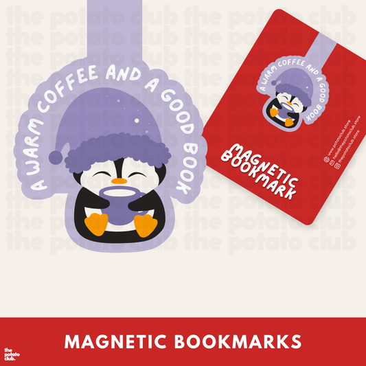 Cozy Penguin Magnetic bookmark with a penguin design and text on a white background