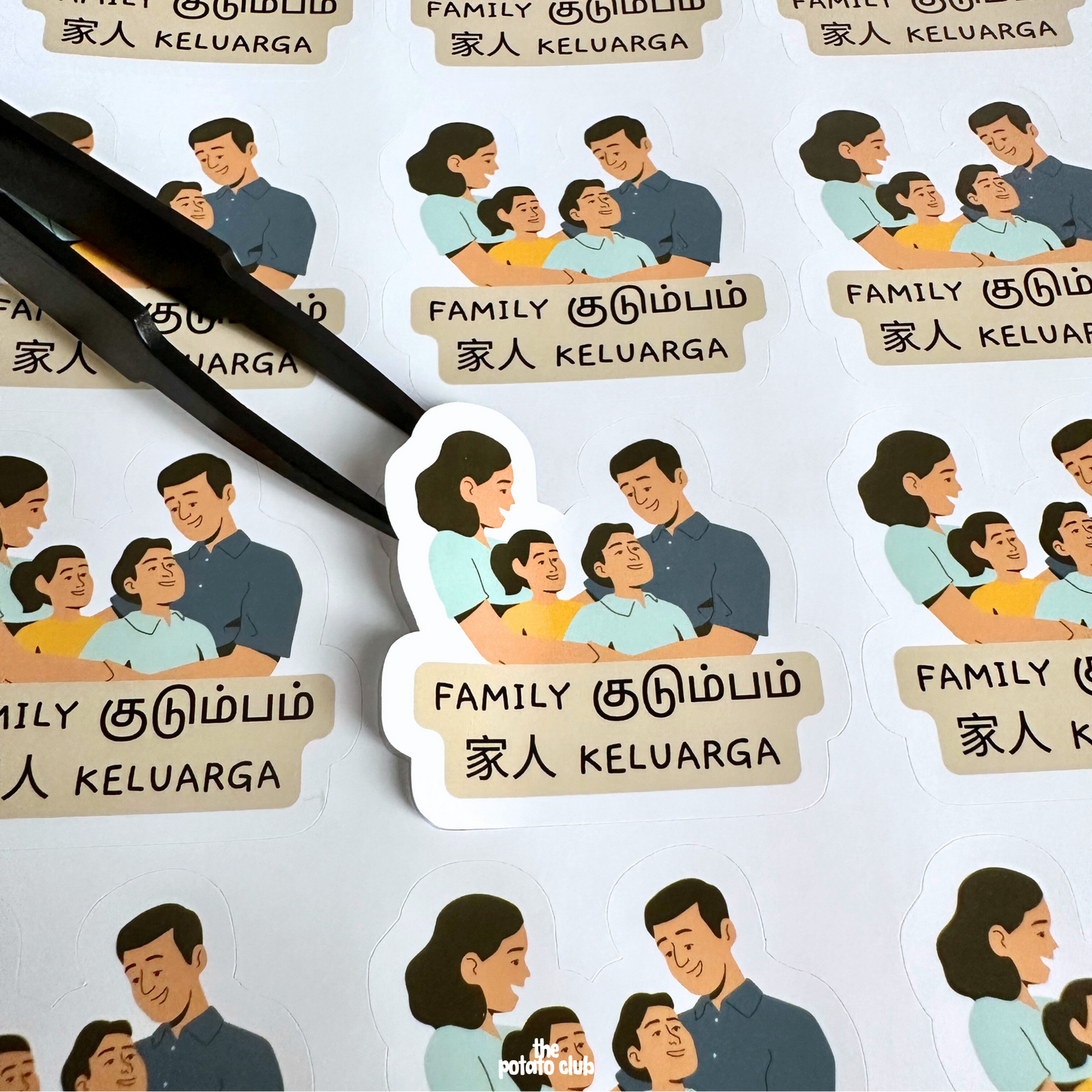 Stickers of a family illustration with text in various languages on a white background.