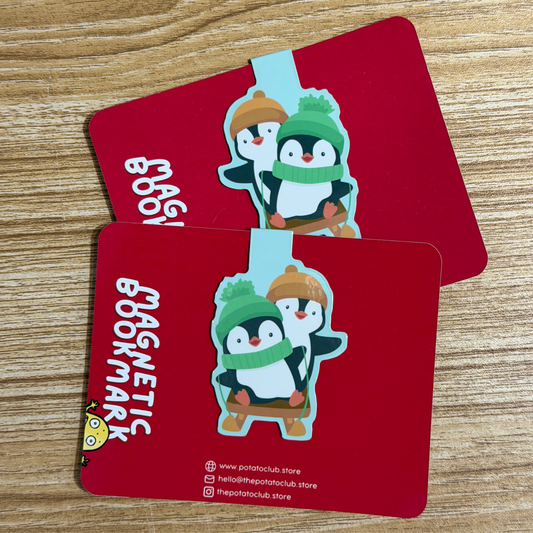 Two red cards with cartoon penguin magnetic bookmark