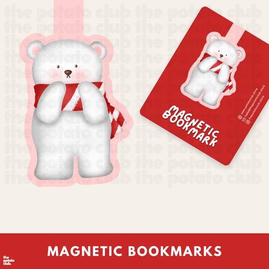 Magnetic bookmarks with a bear design on a red and beige background