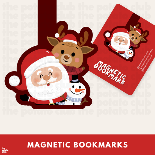 Santa Buddies Magnetic bookmarks with Santa Claus, reindeer, and snowman design on a red background