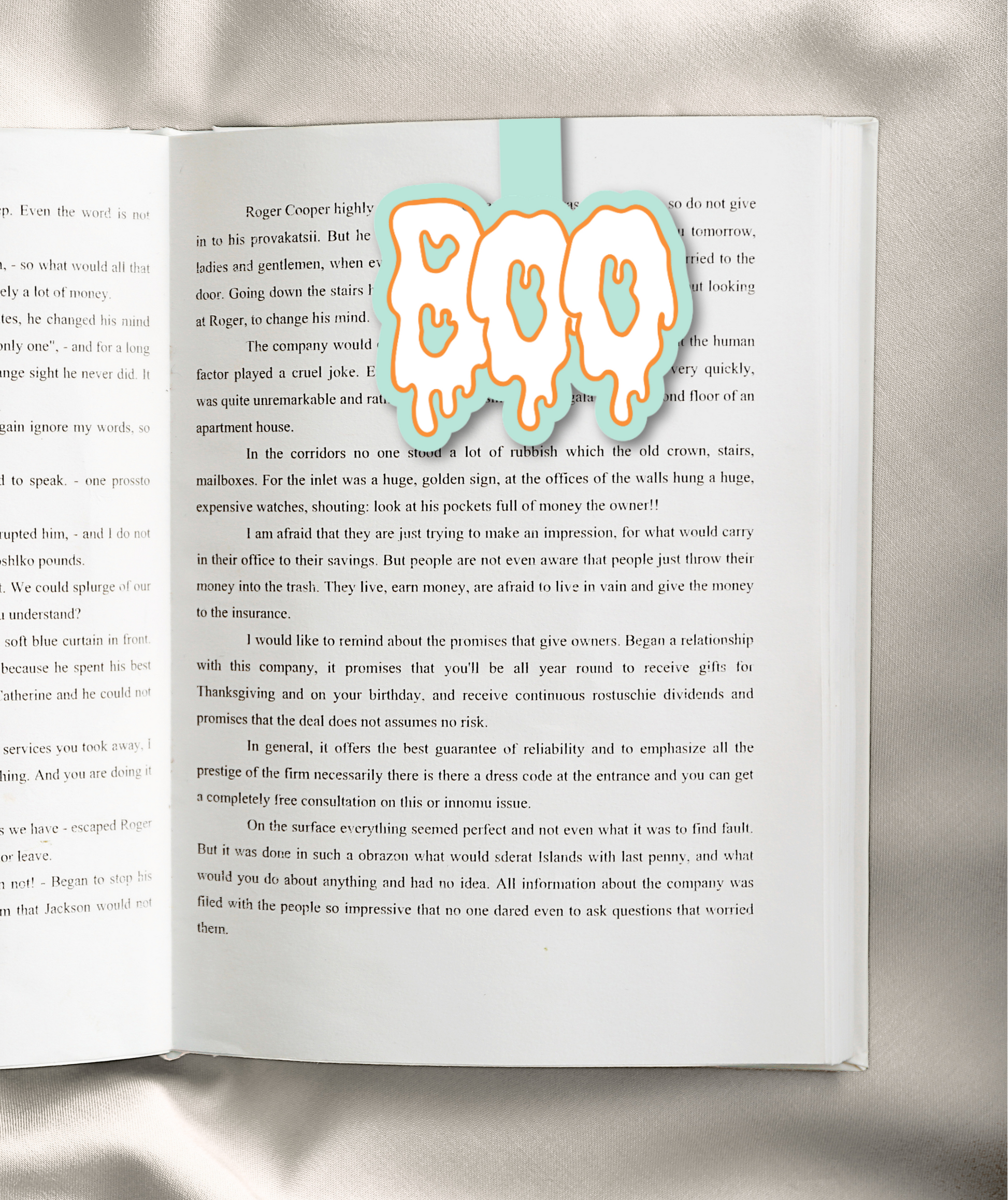A printed book or magazine page with two columns of black text on an off-white background, photographed against a dark background. No person or real environment is visible beyond the dark surround.