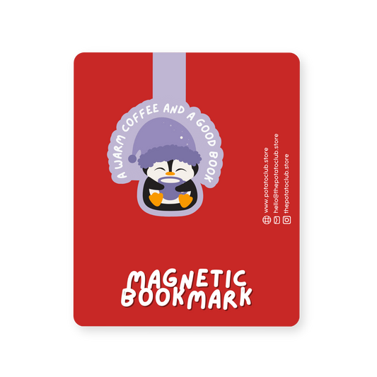 Cozy Penguin magnetic bookmark with a cartoon penguin design on a backing card