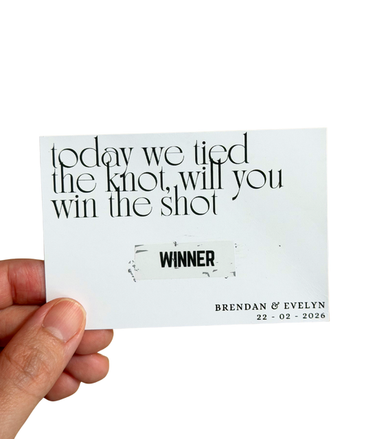 Hand holding a scratch card with wedding proposal text 'today we tied the knot, will you win the shot' and personalized details.