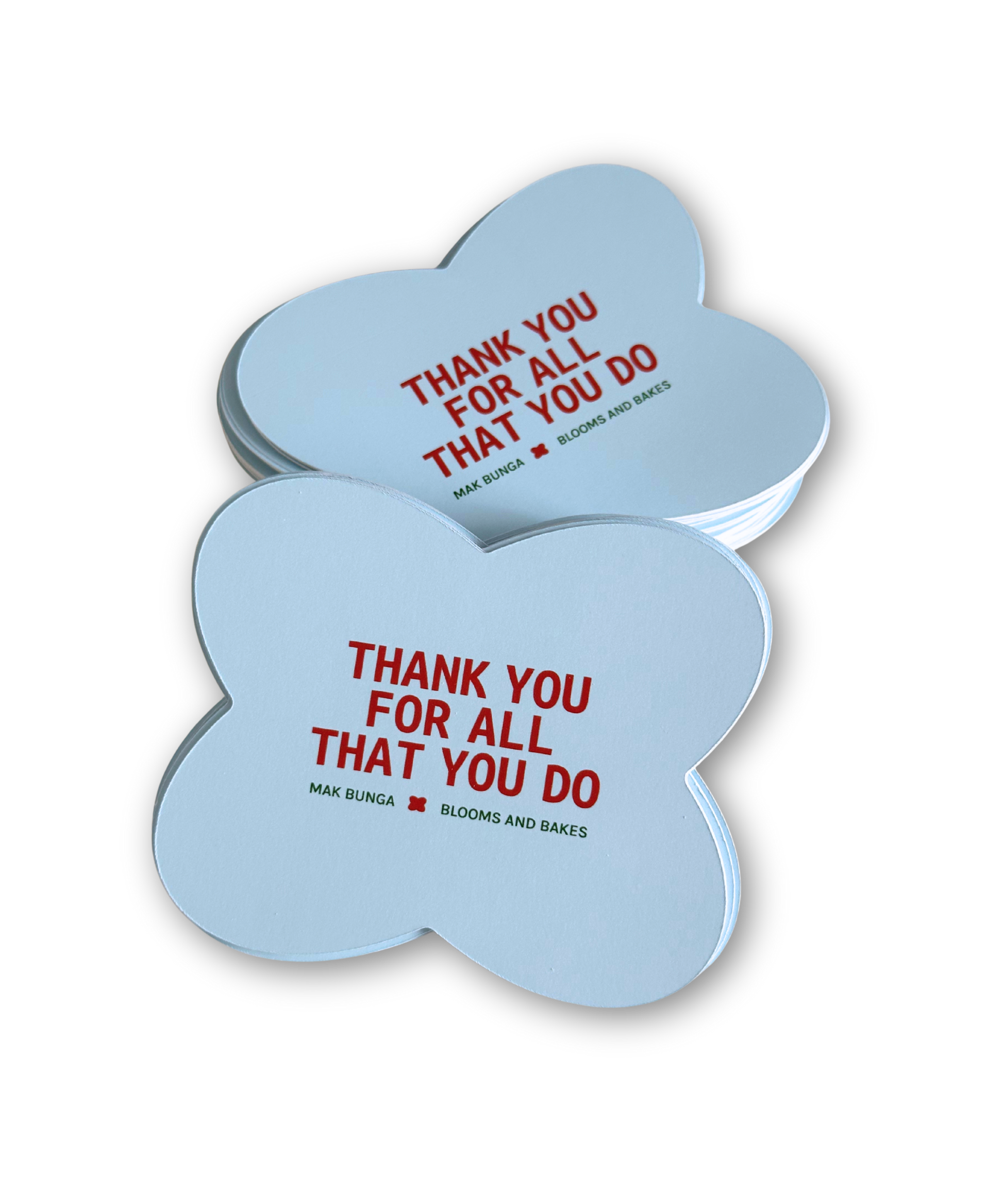 Custom Shaped Cards with red text on a white background