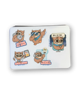 White pouch with cartoon owl designs and text on a white background
