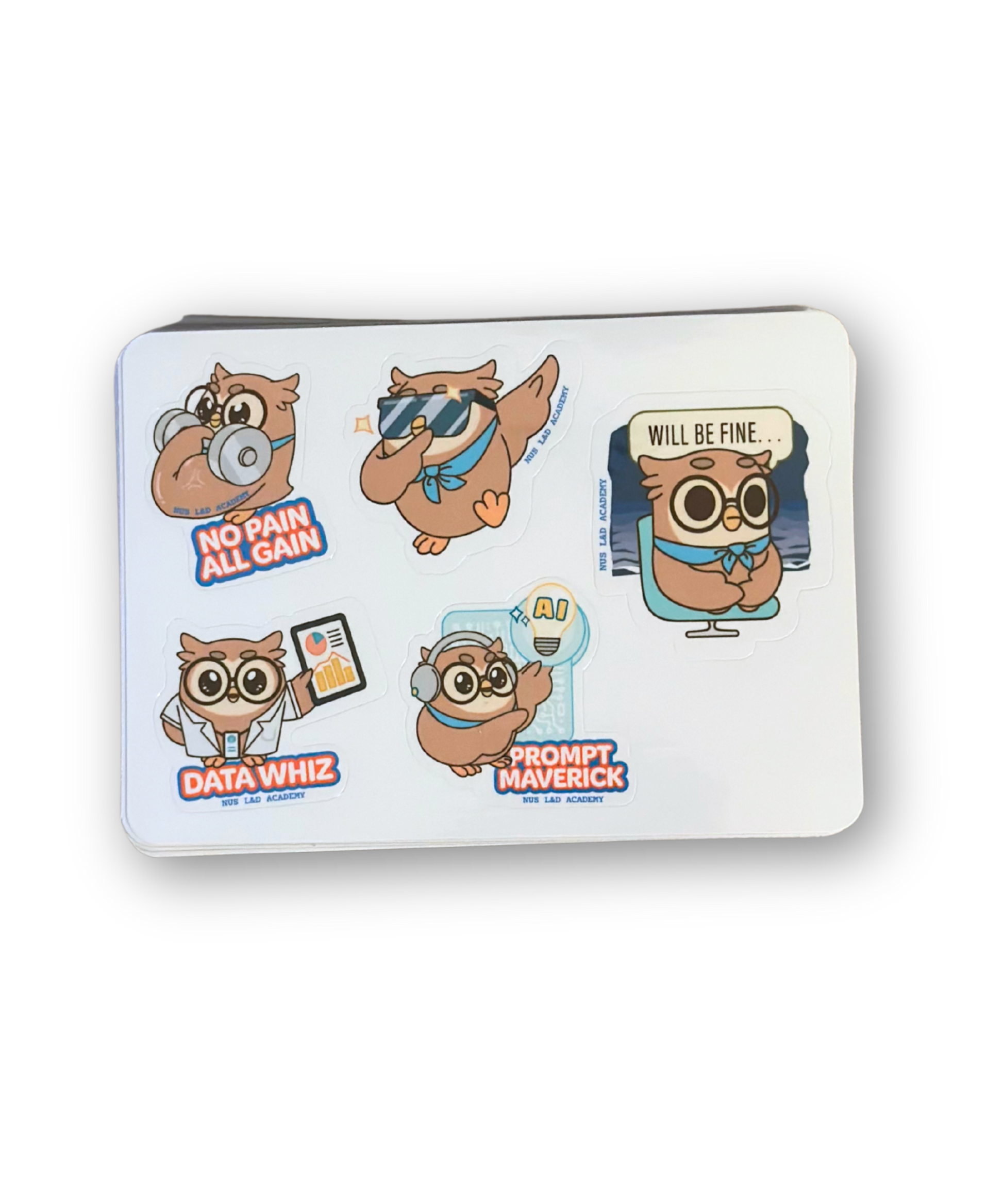 White pouch with cartoon owl designs and text on a white background