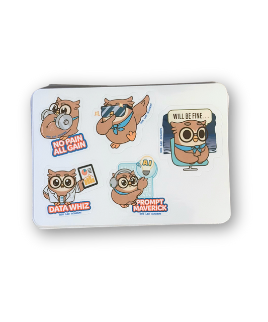 White pouch with cartoon owl designs and text on a white background