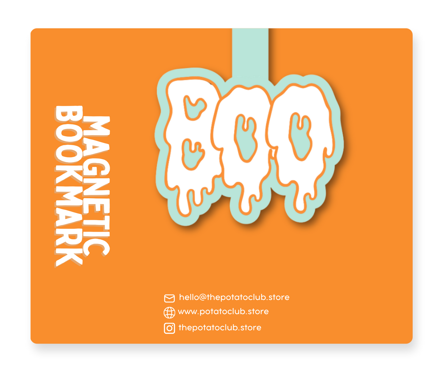 An orange square graphic showing a stylized white and light blue letter 'O' with the words 'MAGNETIC BOOKMARK' below it, plus small website and social media text on the right side.