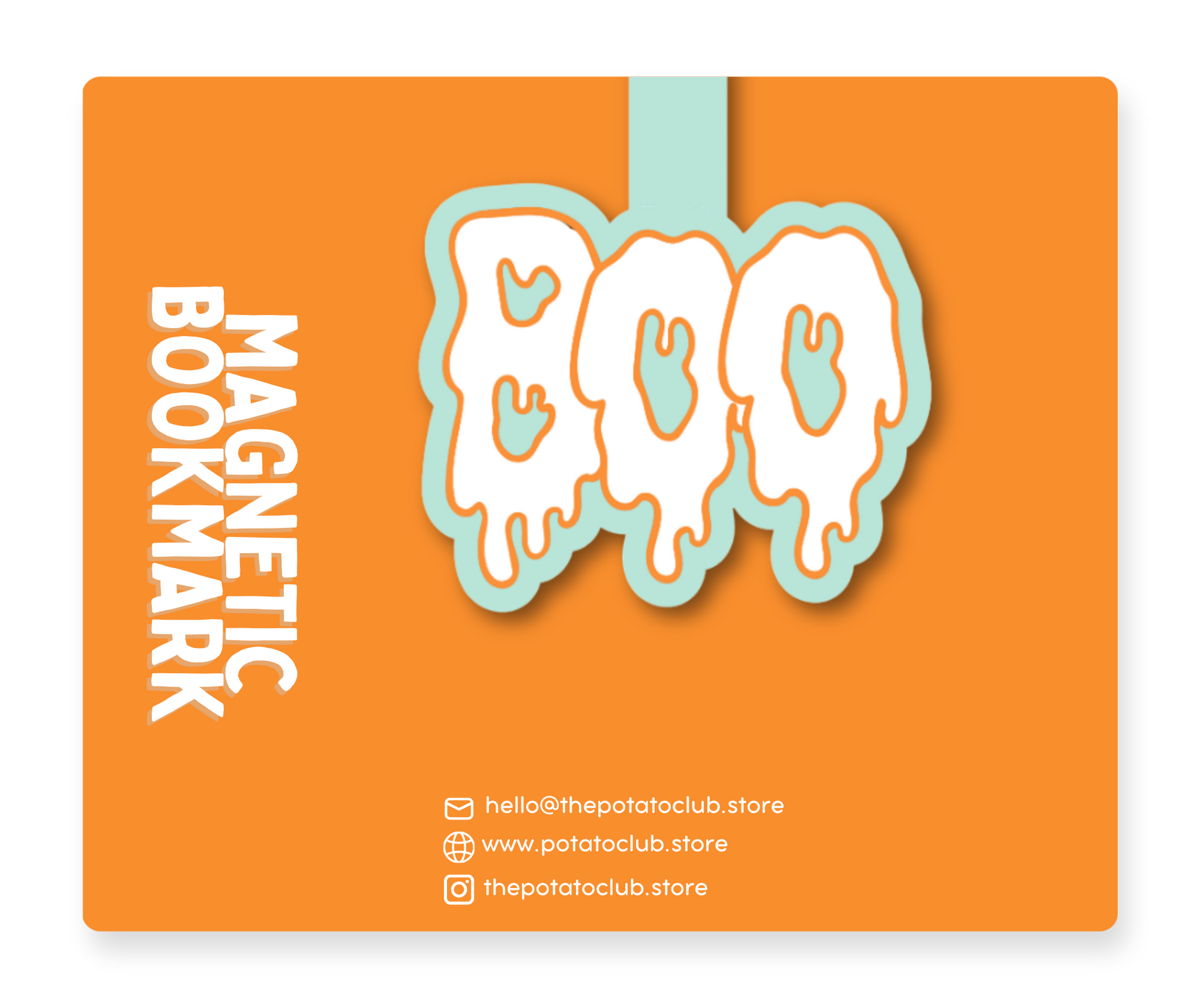 An orange square graphic showing a stylized white and light blue letter 'O' with the words 'MAGNETIC BOOKMARK' below it, plus small website and social media text on the right side.