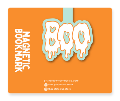 An orange square graphic showing a stylized white and light blue letter 'O' with the words 'MAGNETIC BOOKMARK' below it, plus small website and social media text on the right side.