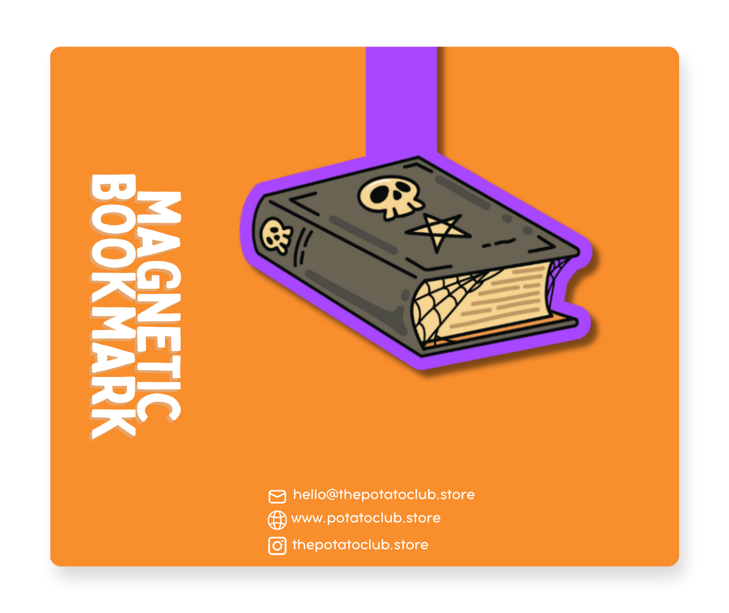 A rectangular orange product card or packaging panel featuring a stylized illustrated dark gray book with a purple outline and the words 'MAGNETIC BOOKMARK' in large white text. Small website and social handles appear along the right side.