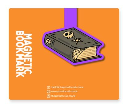 A rectangular orange product card or packaging panel featuring a stylized illustrated dark gray book with a purple outline and the words 'MAGNETIC BOOKMARK' in large white text. Small website and social handles appear along the right side.