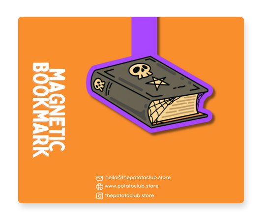 A rectangular orange product card or packaging panel featuring a stylized illustrated dark gray book with a purple outline and the words 'MAGNETIC BOOKMARK' in large white text. Small website and social handles appear along the right side.