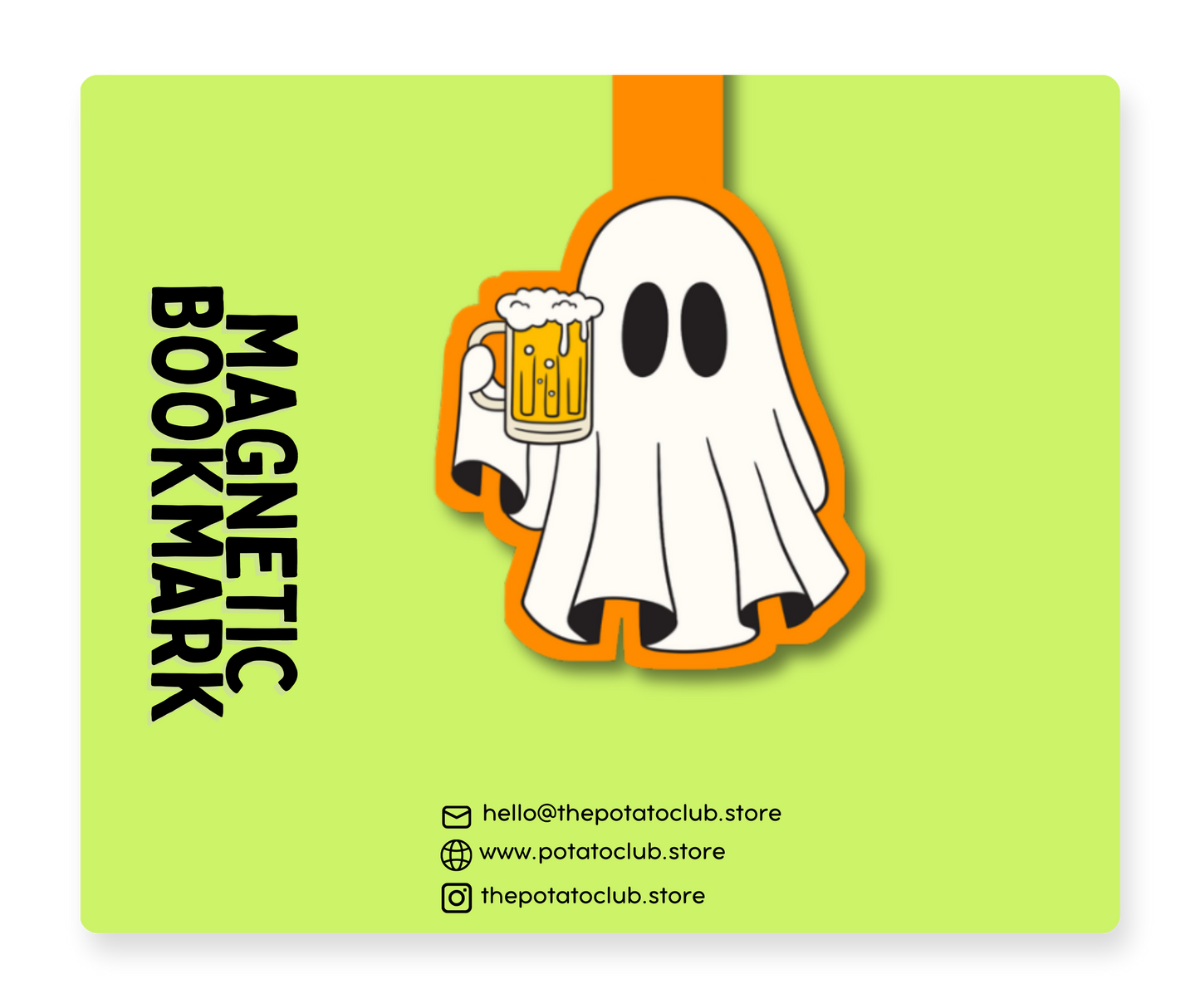 A lime green magnetic bookmark featuring a cartoon ghost holding a beer mug, with the text 'MAGNETIC BOOKMARK' in bold black letters at the bottom and social media/store details on the right.