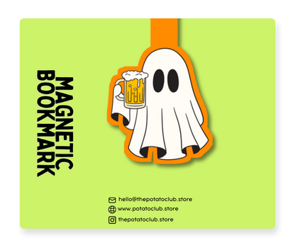 A lime green magnetic bookmark featuring a cartoon ghost holding a beer mug, with the text 'MAGNETIC BOOKMARK' in bold black letters at the bottom and social media/store details on the right.