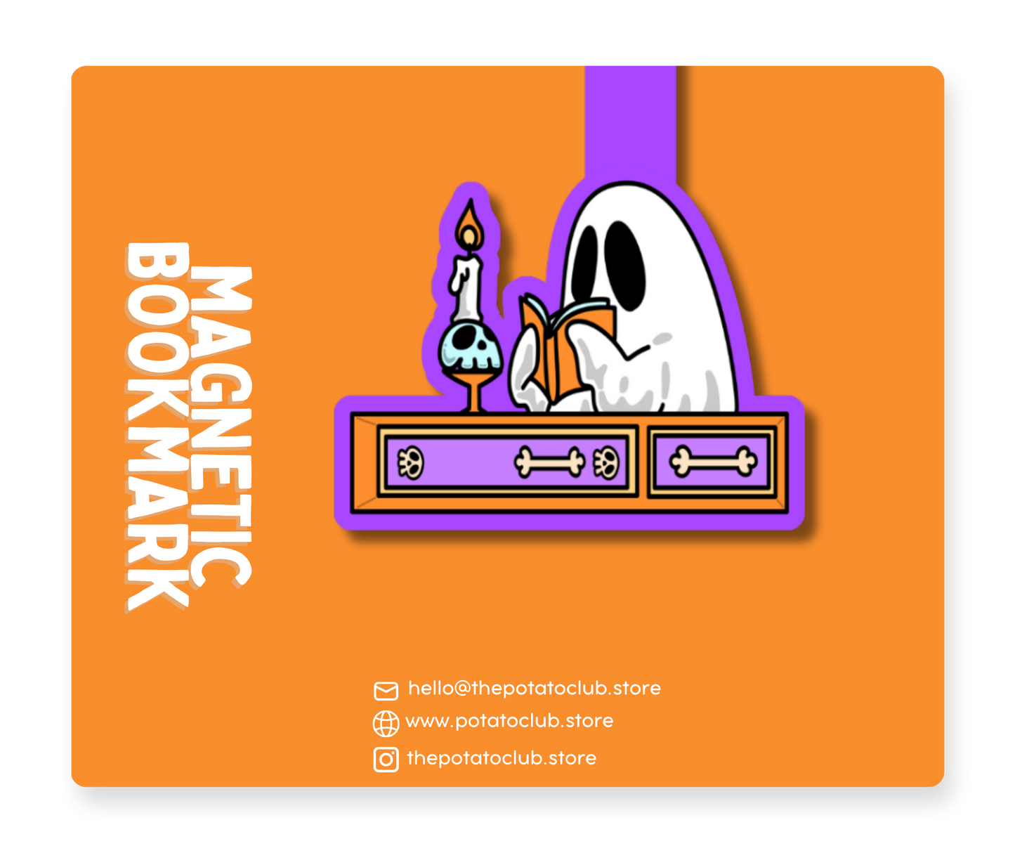 A cartoon-style magnetic bookmark with a purple and orange design, featuring a white skull character holding a gold pen. The product is displayed on a solid orange background with white text reading 'MAGNETIC BOOKMARK' and store contact details on the right.