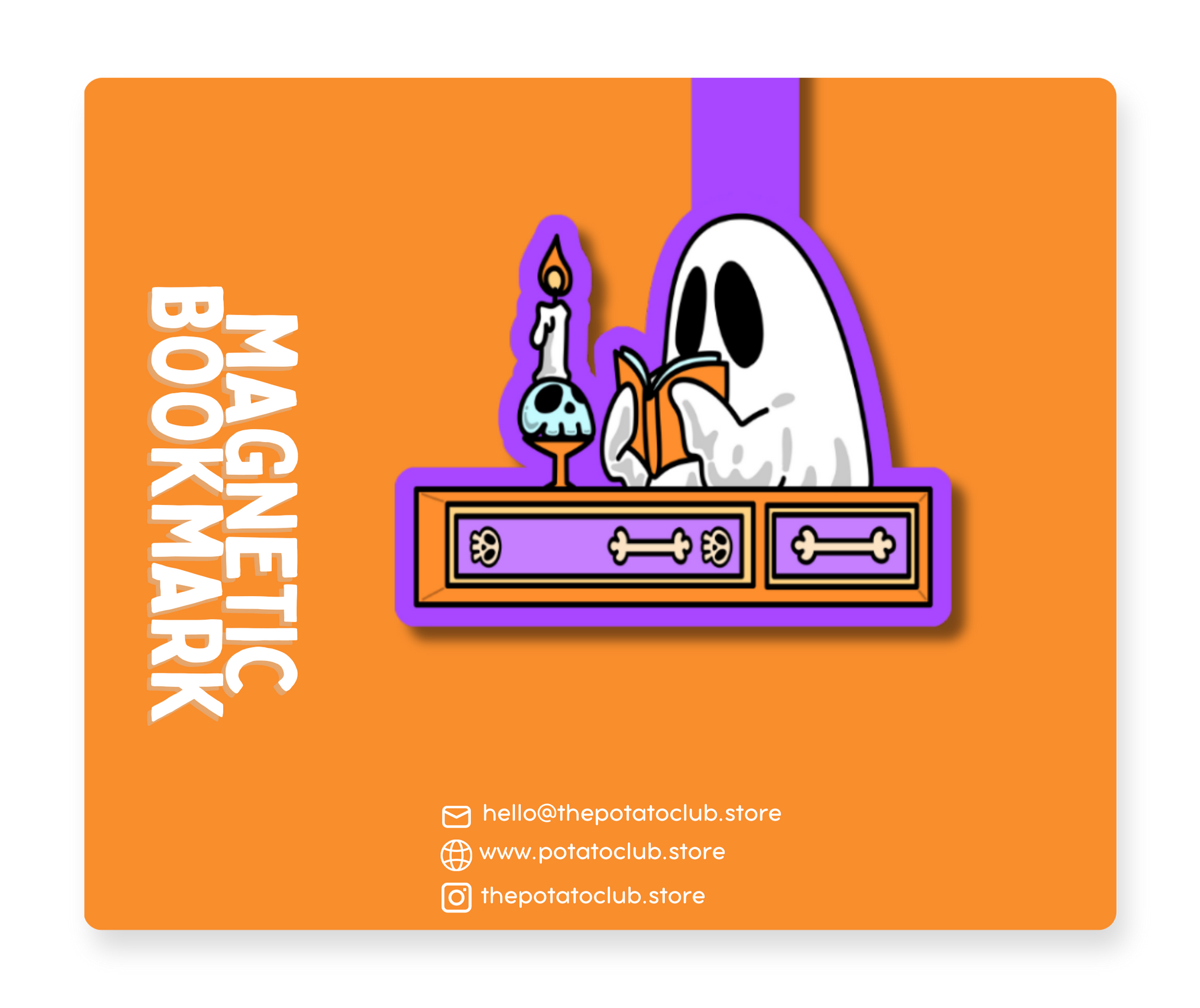 A cartoon-style magnetic bookmark with a purple and orange design, featuring a white skull character holding a gold pen. The product is displayed on a solid orange background with white text reading 'MAGNETIC BOOKMARK' and store contact details on the right.