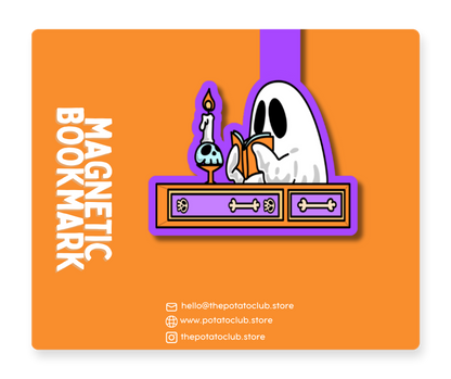 A cartoon-style magnetic bookmark with a purple and orange design, featuring a white skull character holding a gold pen. The product is displayed on a solid orange background with white text reading 'MAGNETIC BOOKMARK' and store contact details on the right.