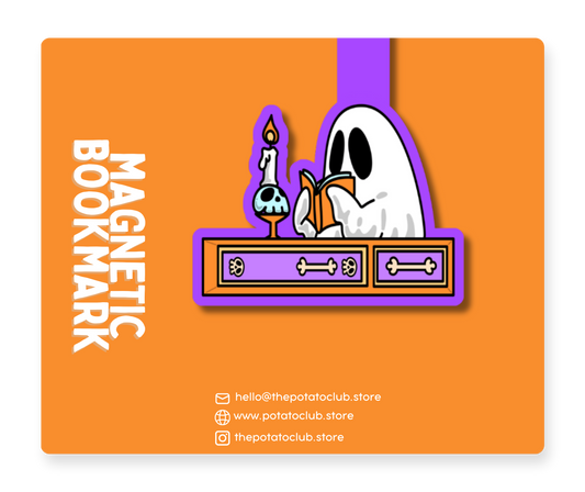 A cartoon-style magnetic bookmark with a purple and orange design, featuring a white skull character holding a gold pen. The product is displayed on a solid orange background with white text reading 'MAGNETIC BOOKMARK' and store contact details on the right.