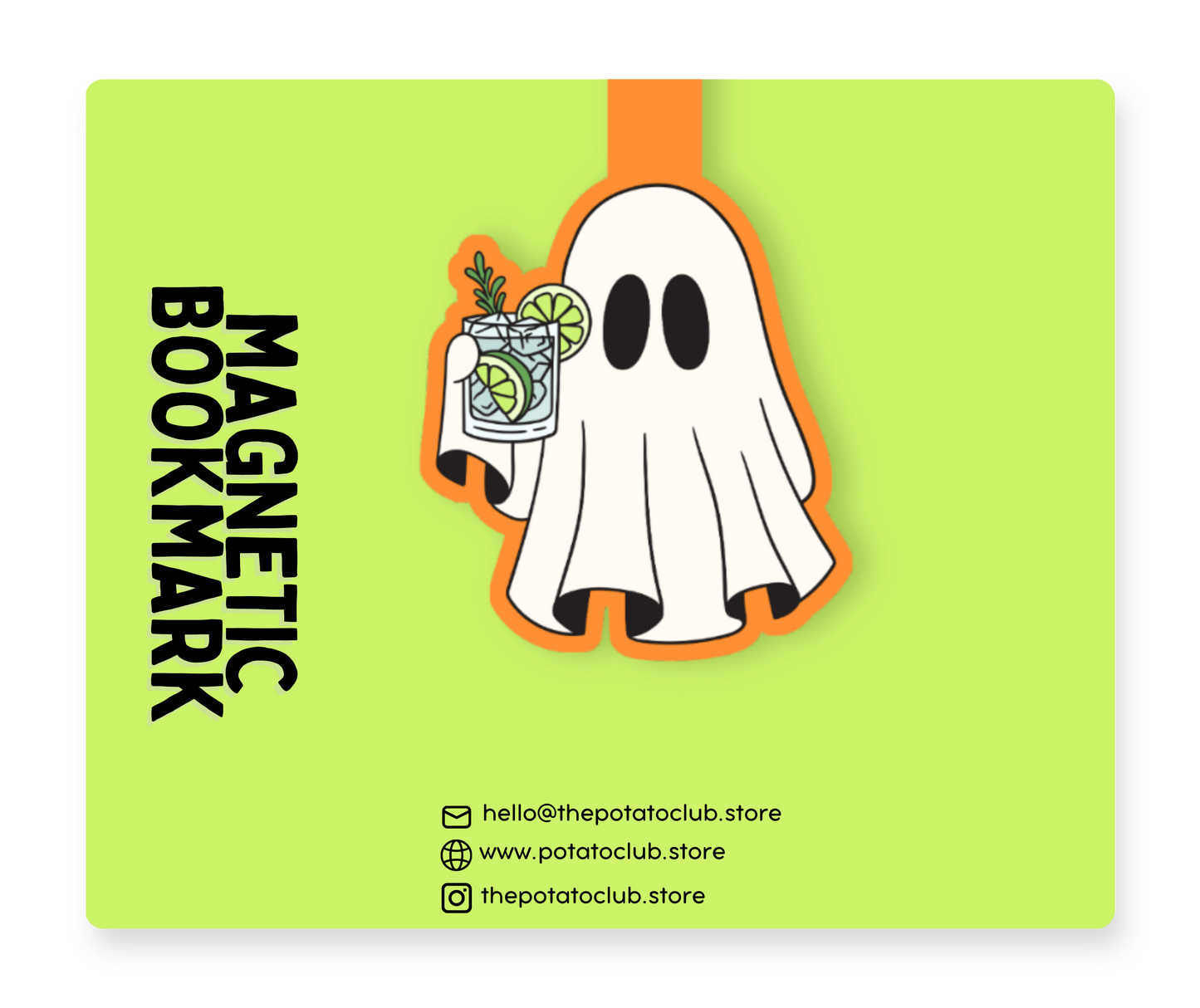 A square product mockup for a magnetic bookmark featuring a bright lime green background. The design shows a cartoon ghost holding a cocktail with lime slices, with the text 'MAGNETIC BOOKMARK' in bold black letters at the bottom.