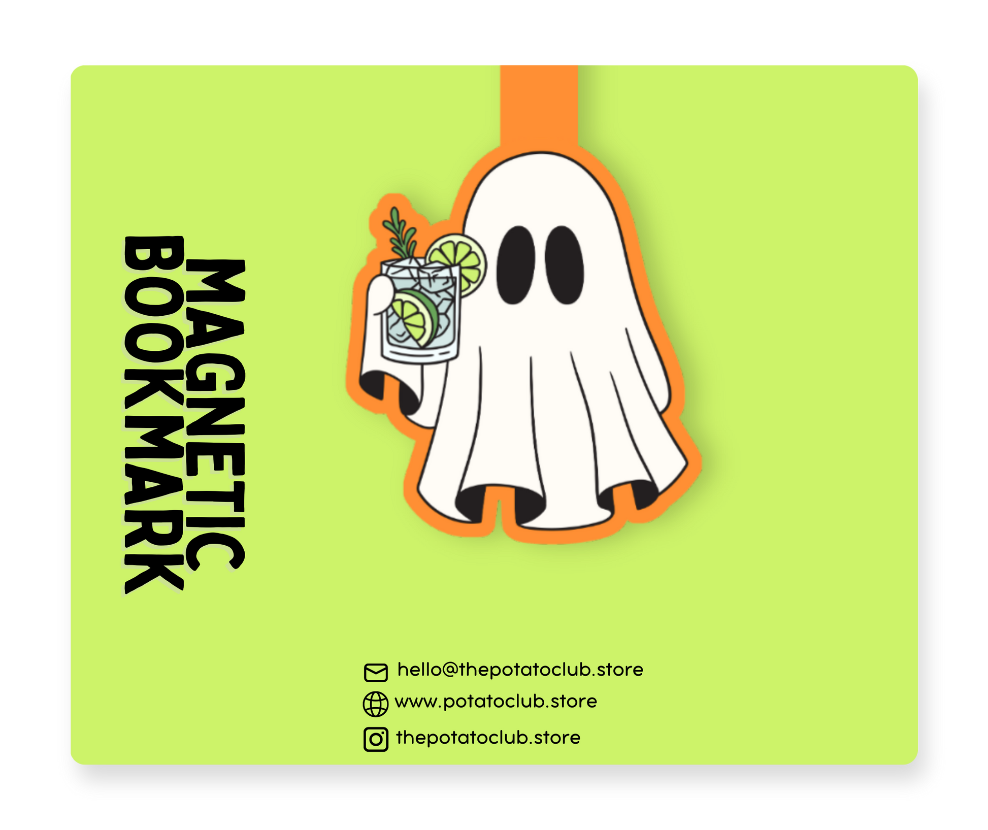 A square product mockup for a magnetic bookmark featuring a bright lime green background. The design shows a cartoon ghost holding a cocktail with lime slices, with the text 'MAGNETIC BOOKMARK' in bold black letters at the bottom.
