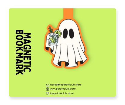 A square product mockup for a magnetic bookmark featuring a bright lime green background. The design shows a cartoon ghost holding a cocktail with lime slices, with the text 'MAGNETIC BOOKMARK' in bold black letters at the bottom.