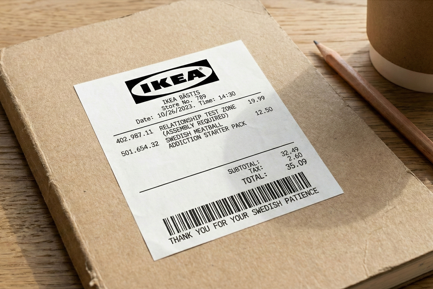 Cardboard box with an IKEA label on a wooden surface