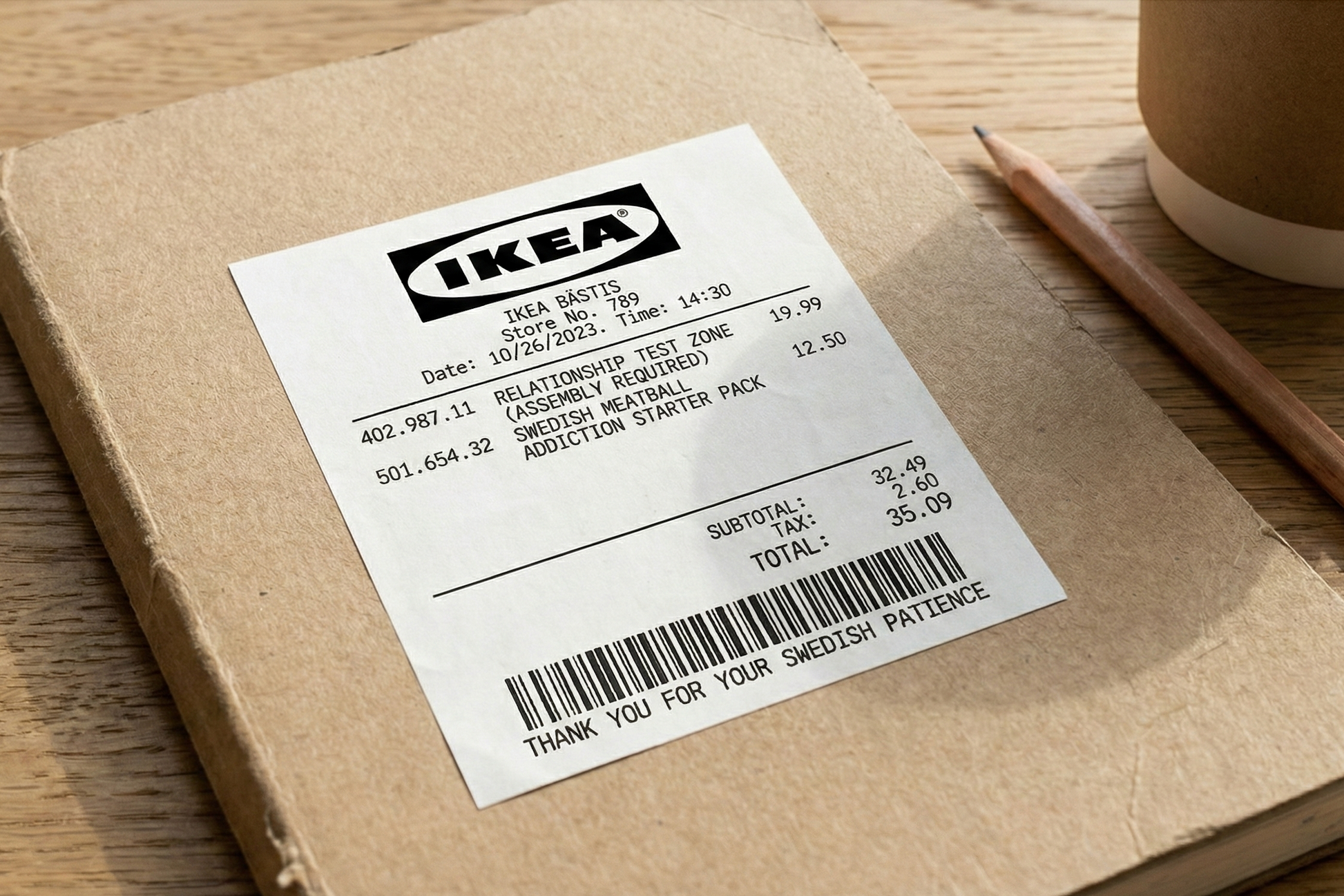 Cardboard box with an IKEA label on a wooden surface