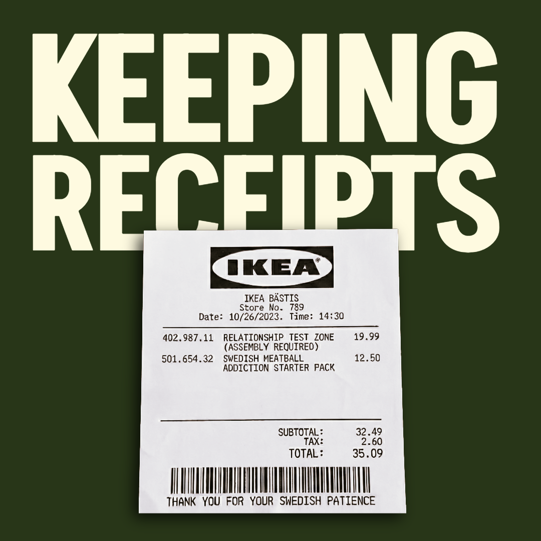 IKEA receipt with humorous text on a green background