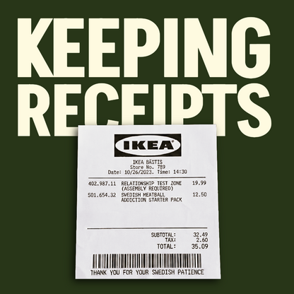 IKEA receipt with humorous text on a green background