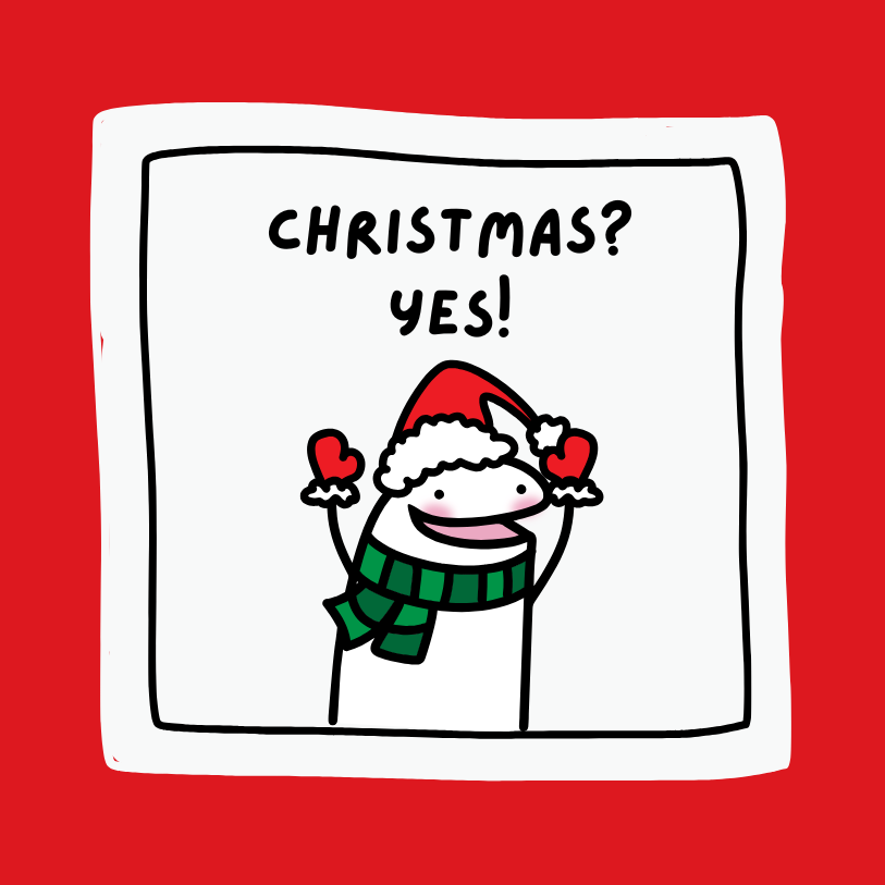 Cartoon character wearing a Santa hat and green scarf with text 'Christmas? Yes!' on a red background