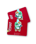 Two red bookmarks with cartoon penguins on a white background