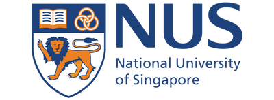 National University of Singapore logo on a solid green background, featuring the university name and crest with a lion, open book, and interlocking rings.