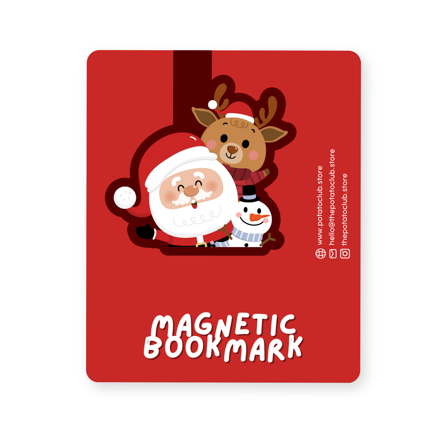 Santa Buddies magnetic bookmark with Santa Claus and reindeer design on a backing card