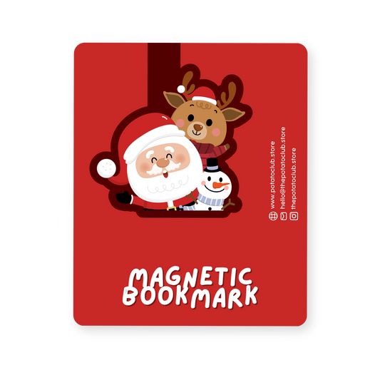 Santa Buddies magnetic bookmark with Santa Claus and reindeer design on a backing card