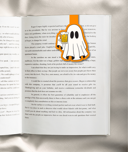 A cartoon-style magnetic bookmark with a purple and orange design, featuring a white skull character holding a gold pen. The product is displayed on a solid orange background with white text reading 'MAGNETIC BOOKMARK' and store contact details on the right.