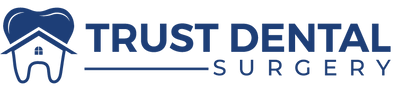 Trust Dental Surgery logo featuring a blue tooth icon with a house shape on a white background.