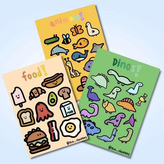 @fire._.chickens custom sticker vinyl sticker sheet pack Food Dino Animal 